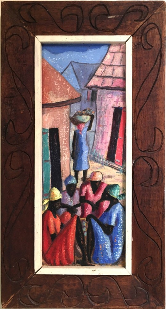 „Village Scene“ by Mathilde Desrosiers- Haitian Art – 8 in x 20 in – Framed