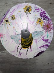 Original Art Acrylic Pour Vinyl Record Bumblebee And Flowers