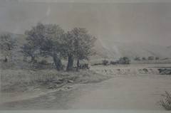 Antique 1895 HC Rost Water Mill Country River Landscape Etching 31″