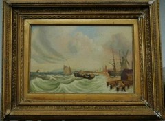 19th Century Oil On Panel Coastal Port Scene by Dutch Artist P. C. Dommerson