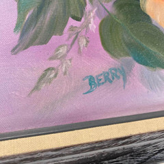 Vtg Original Painting Signed by Artist Rose of Sharon Bouquet Pink Purple Framed