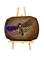 Original Oil Painting Of Gothic Death Head Moth On 9.5 X 6.75 Inch Wooden Plaque