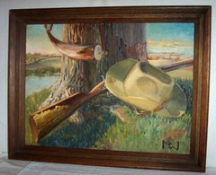 Long Gun Powder Horn Western Hat , Landscape / Still Life Oil Painting , Signed