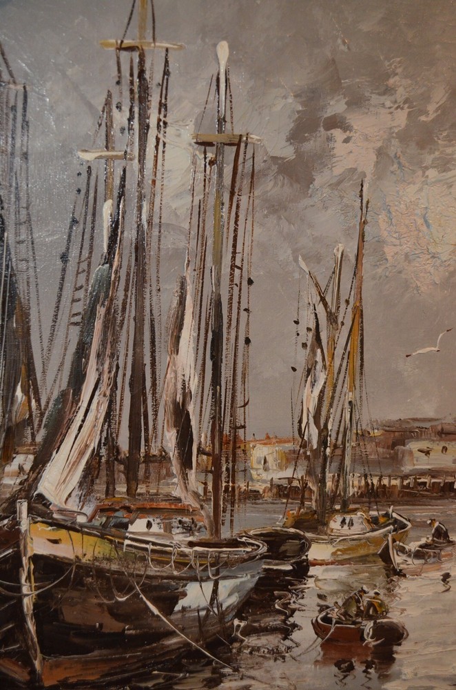 B Wilder Signed Boat Ship Fish Harbor Impressionism Large Original Oil Painting