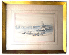 Antique Watercolor After David Roberts Coastal Harbor Boats Fishermen Framed