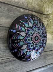 Artisan Hand Painted Man Made Rock | Mandala Enchanted Colors Art 4″ #A