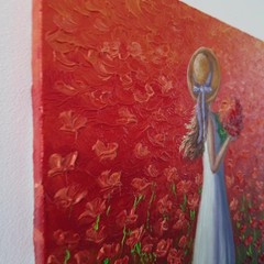 Original Oil Portrait Painting Woman Red Poppy Field Summer Canvas Art Romantic