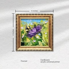 Bumblebee Thistle Oil Painting Floral Nature Framed Original Art 4×4 Decor