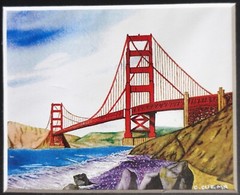 Golden Gate Bridge San Francisco Watercolor Art Signed by Carlos Cuzma 4” x 5”