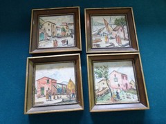 Group of 4 Vintage European Signed Tile Watercolor Paintings 6X6 Rossi