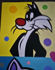 Word-Famous Jozza Original Acrylic Licensed Painting Sylvester, Tweety & Friends