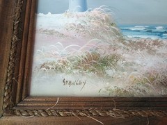 Vtg Oil Painting Lighthouse Sea Shore Beach Scene Signed 11.5″ x 13.5″ Framed