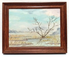TREE IN MEADOW ON WOLSEY CO CANVAS 9×12 NO SIGNATURE FRAMED LANDSCAPE 60s 70s