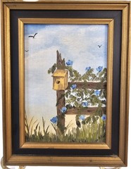 Vtg Original Oil Acrylic Painting Homestead Scene Birdhouse Blue Flowers Vines