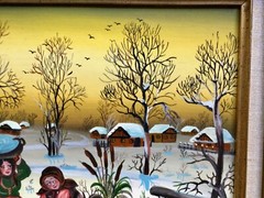 Great primitive Eastern European painting By Edith Simon on Masonite Board.