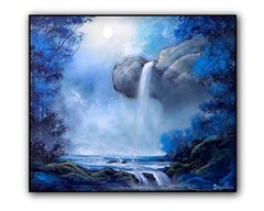 Original Acrylic Landscape Painting 12×14″ Moonlight Forest Waterfall Wall Art