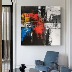 Hand Painted Abstract Wall Art Painting On Canvas Black Red Blue Picture Room