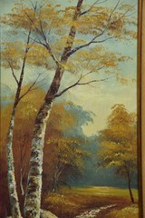 Vintage Fall Colors Aspen Tree Trail Vertical Art Painting Framed Signed MCM