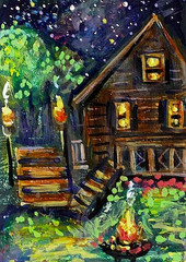 ACEO Original PAINTING Summer CABIN Camping Fire Night Stars Landscape ATC ART