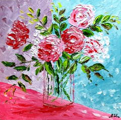 Flower oil painting 8×8″. Bouquet of pink roses in a vase. Artist from Ukraine.