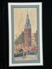 Vintage Mid Century Amsterdam Oil Painting Montelbaanstoren J. Bos Signed 19×10