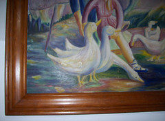 Original Oil Painting, Mother with Child Hanging Wash with Farm Ducks