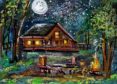 ACEO Original PAINTING Spring TREE Night Sky Moon CABIN Nature Landscape ATC ART