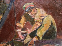 Ukrainian Soviet Oil Painting impressionism socrealism industrial boat workers