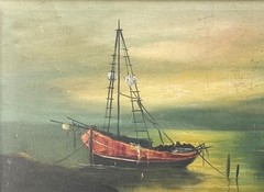 VTG Mid-20th C Orig. European School Nautical O/C „Sunset Harbor Scene“, Signed!