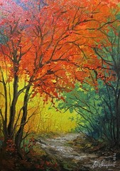 Original Autumn Forest Oil Painting, Path Landscape Oil Art, Red Tree Wall Decor