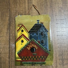 Linda Spang Art Hand Painted Slate 10”x7” Hanging Birdhouses Welcome Sign EUC!