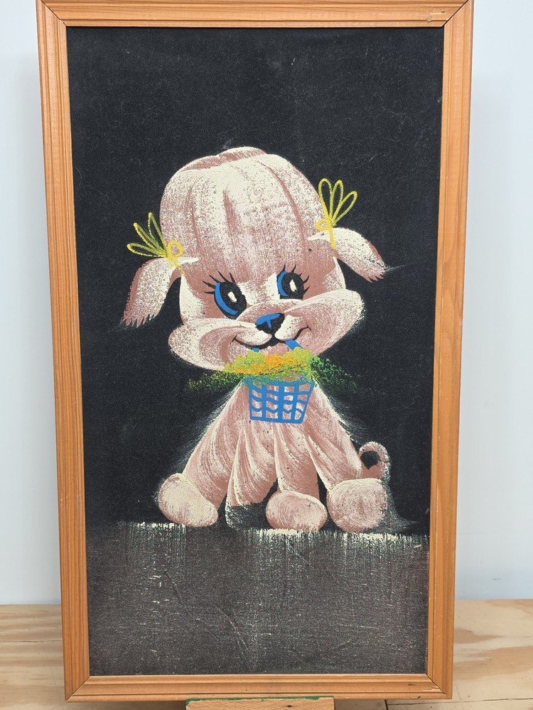 Vintage Velvet Painting Frame Dog Pink Poodle Kitsch Basket & Bow’s 70s Retro