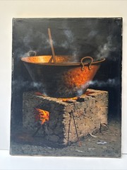 MEXICAN PAINTING FIRE COOKING SMOKE JUAN BERNAL LISTED REALISTIC REALISM MEXICO