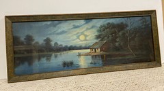Antique 11×26” Framed “Moonlight Over Cabin Pond” Original Art On Hardboard