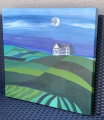 VTG White House Green Grass Rolling Hills Landscape Farms 20”Sq Canvas Signed