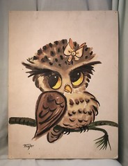 VTG Owl With Bow On Branch By Thayer Painting 15 5/16”x11 1/4” Paperboard