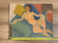 Modernist Reclining Female Nude Interior Painting on Board