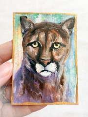 Puma Original Miniature Oil Painting by R.Machan 2.5″x3.5″ Animal Art ATC ACEO