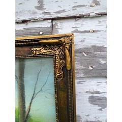 Antique Large Pastel Chalk Painting Mountain Lake Scene Gold Frame 32.5×20.5″