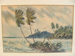 Original Signed Munir Tropical Palm Tree Seascape W/C Painting