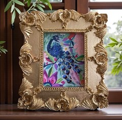 Peacock 🦚 Floral 🌺 mini watercolor bird print in gold vintage style frame