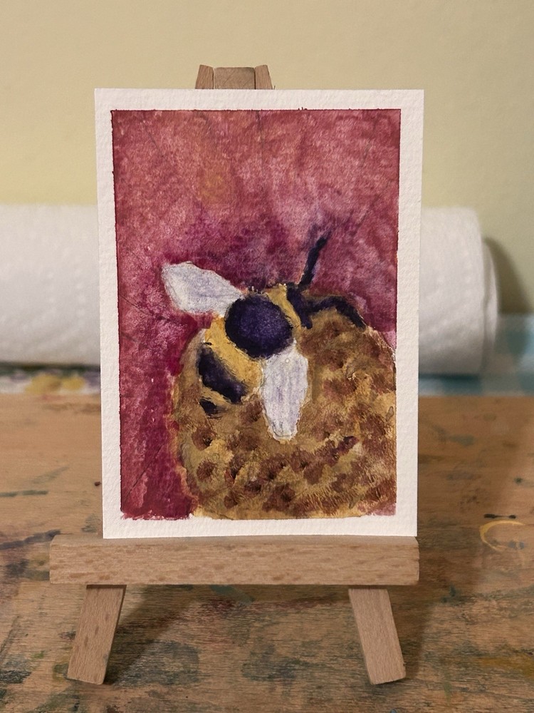 Aceo Original Painting Bee Flower Watercolor Signed Grace Rossi