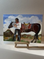 Abstract Cowboy wit Horse Original Acrylic Painting on 5″ x 7″ Canvas Panel OOAK
