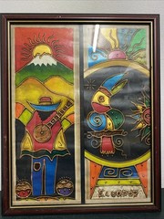 Vintage Ecuador Folk Art Painting Tigua Colorful 44x55cm