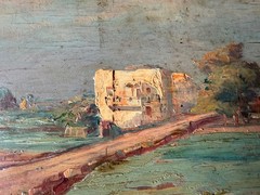 Vintage Oil Painting on Wood Panel Coastal Village Landscape 13×20.5