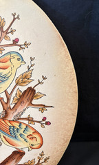 Rare Original Vintage Birds in Tree-Painting on Leather-Oval Wall Hanging Decor