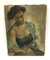 Walter Bartner Original Oil Canvas Painting Woman Blue Shirt Eyes Closed 1952