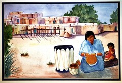 VEL ARGYLE (American, b. 1940) Taos Pueblo Crafting Vintage Watercolor Painting
