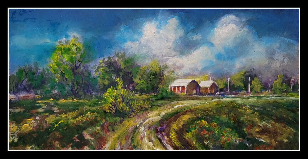 Original Oil Painting Cloudy Farmhouse Landscape Rural Country Side Art Signed