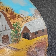 Vintage J. Smith 1988 Hand-Painted 14″ Oval Wood Log Slice Barn Farm Scene